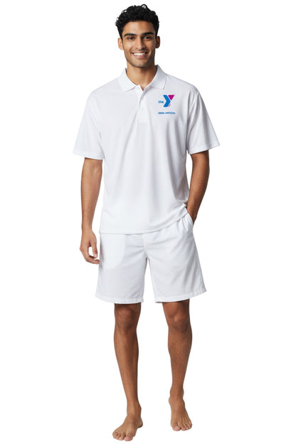 The Lifeguard Store white polyester Dri-Fast polo shirt with YMCA Swim Official logo on chest. Short sleeves, collared, button-up front.