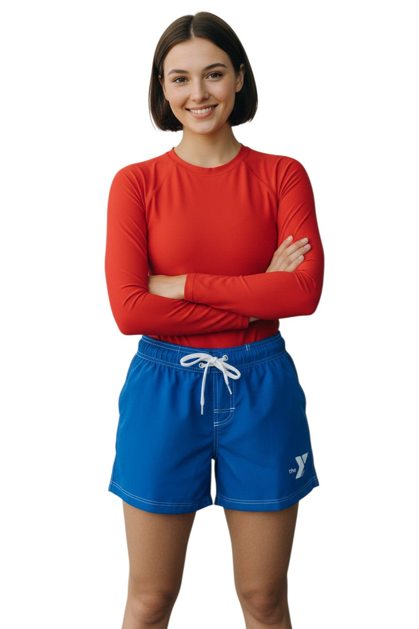 The Lifeguard Store blue polyester YMCA swim shorts with 5" inseam, elastic waistband, drawstring, and side pocket.