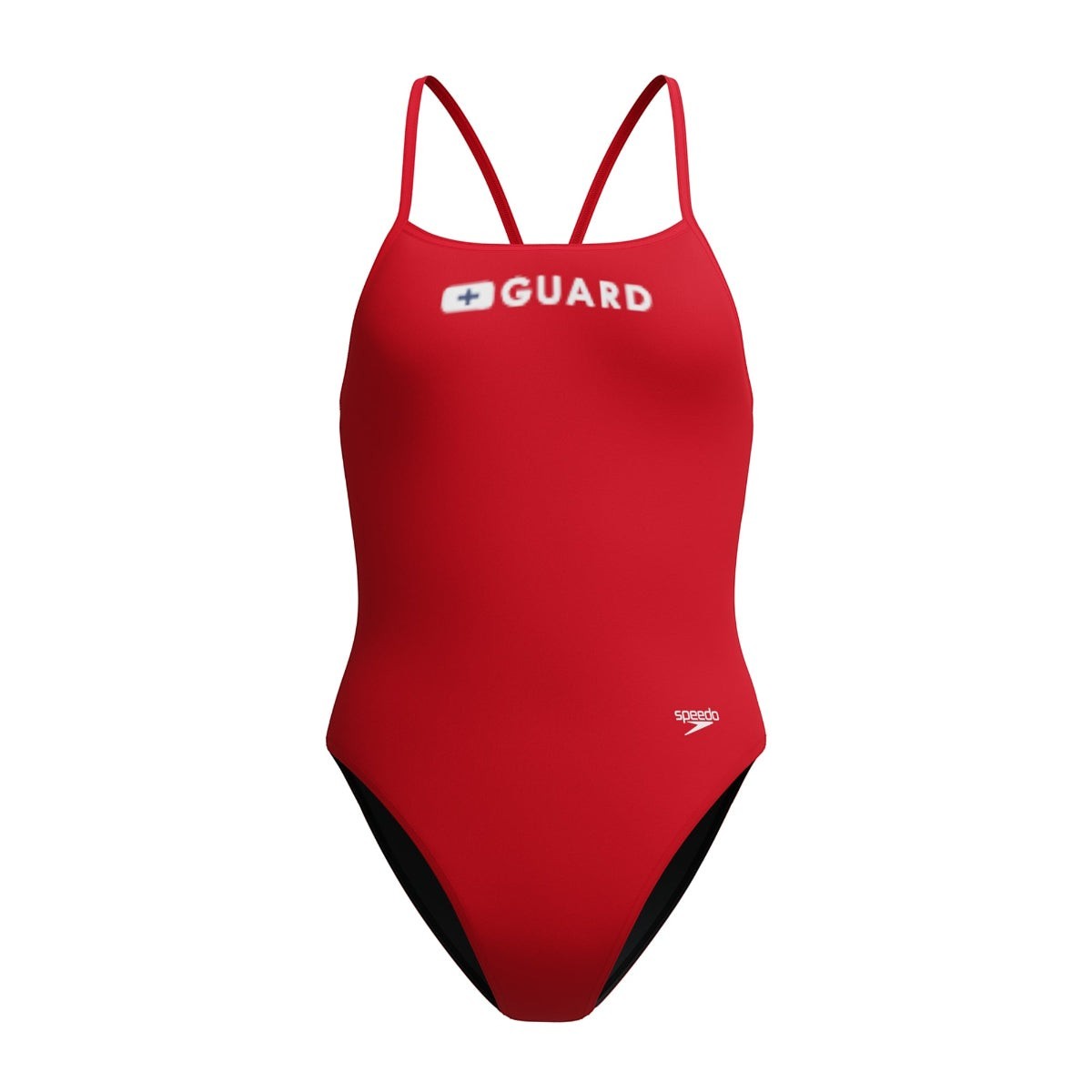 The Lifeguard Store Speedo red one-piece swimsuit with "GUARD" text and a red cross logo on the chest.
