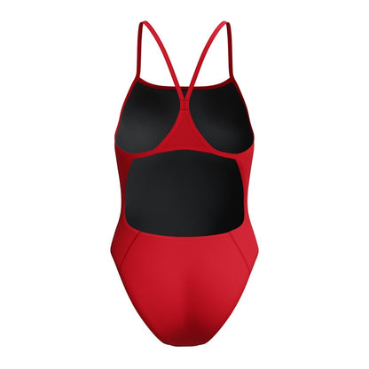 The Lifeguard Store Speedo Guard Endurasoft red one-piece swimsuit with black lining and criss-cross straps.