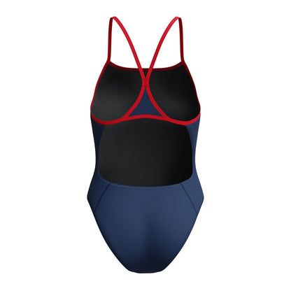 The Lifeguard Store Speedo Guard Endurasoft Turnback swimsuit in navy blue with red trim and straps. Features classic coverage and a compressive fit.