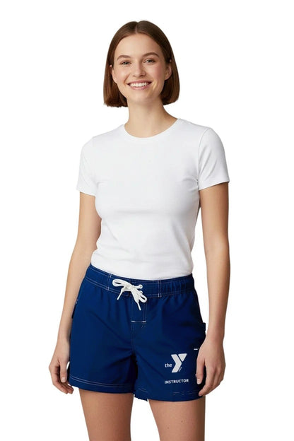 YMCA Instructor female poly short in navy, front view