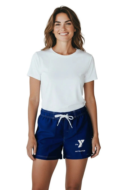 YMCA Instructor female poly short in navy, front view