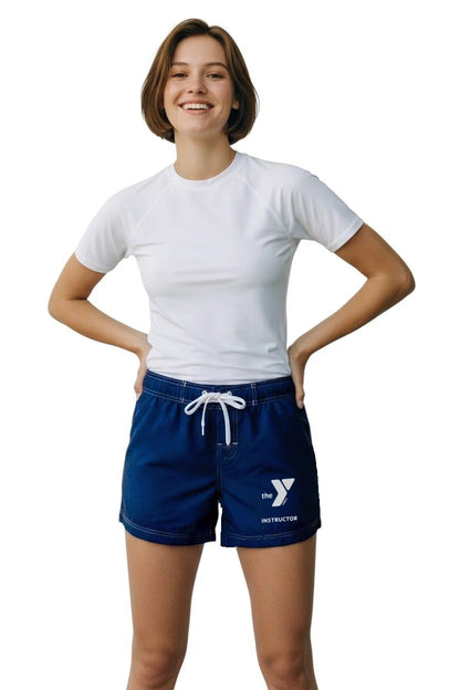 YMCA Instructor female poly short in navy, front view