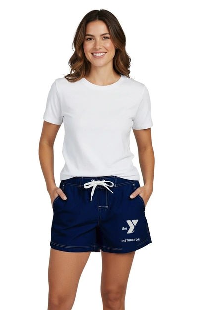 YMCA Instructor female poly short in navy, front view