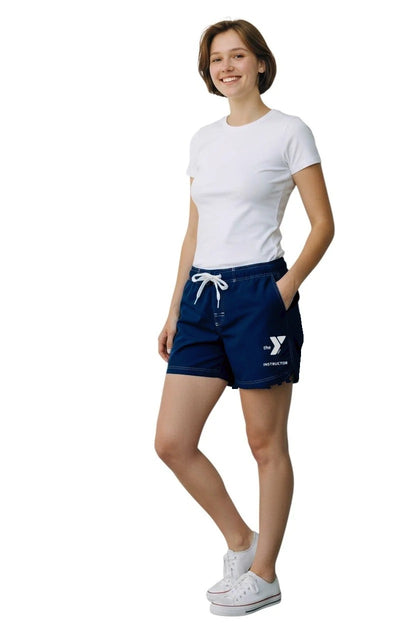 YMCA Instructor female poly short in navy, three-quarter view