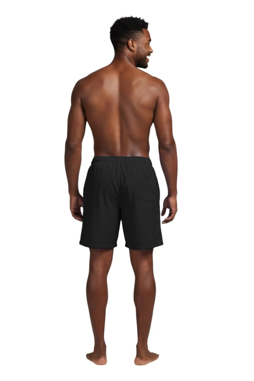 YMCA Men's Kiefer Board Short in black, back view on model showing rear pocket