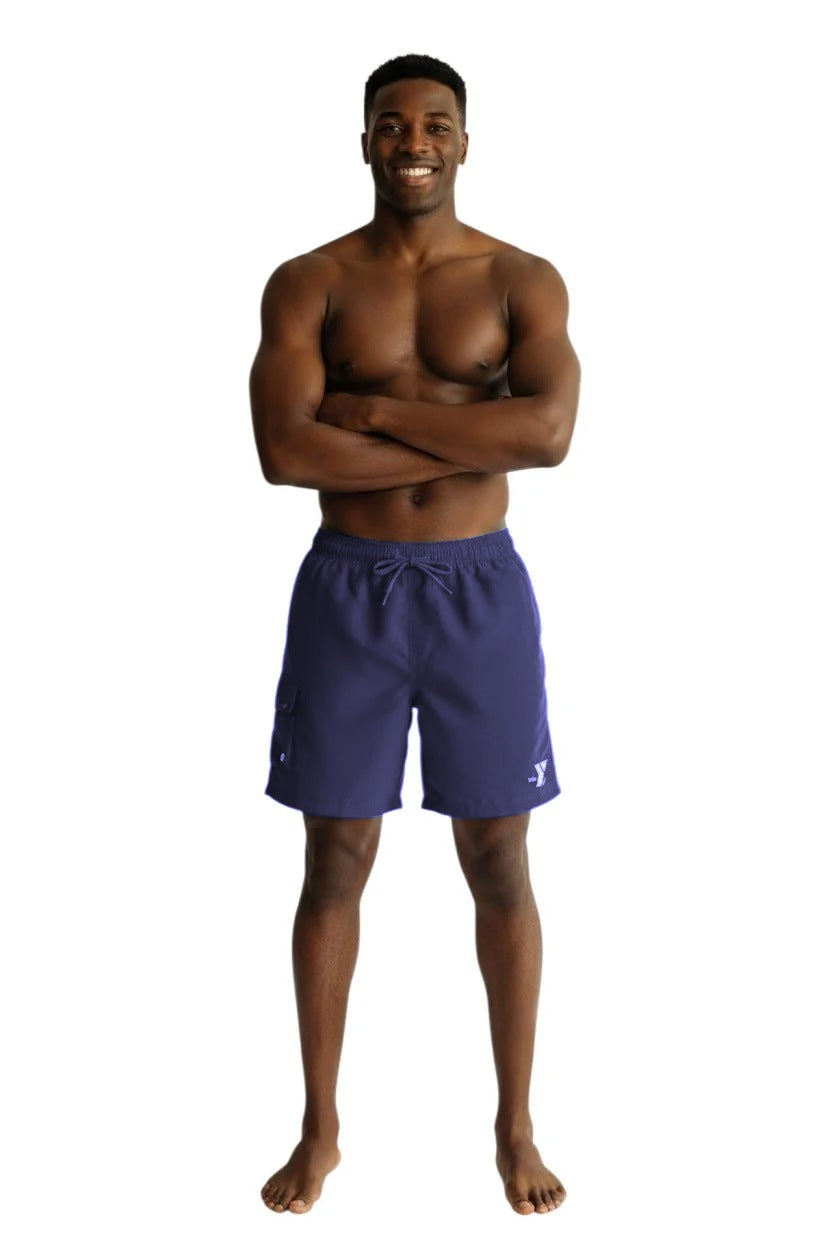 YMCA Men's Kiefer Board Short in navy, front view on model with white Y logo on the left leg