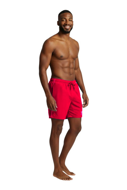 YMCA Men's Kiefer Board Short in red, angled view on model showing side panel and Y logo