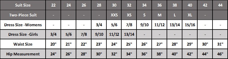 Lifeguard Bathing Suit Size Chart